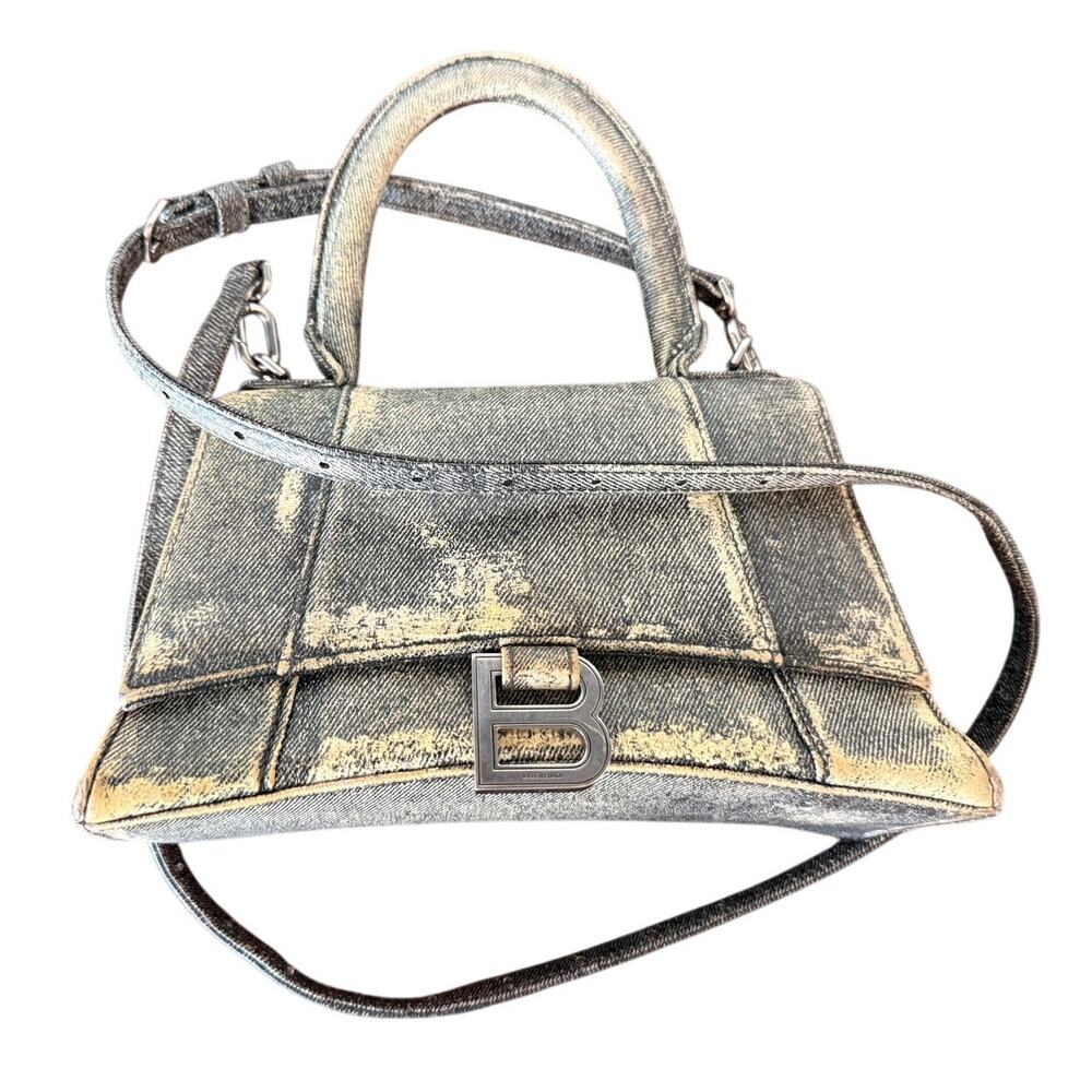 Stylish Balenciaga Hourglass XS Distressed Denim Handbag